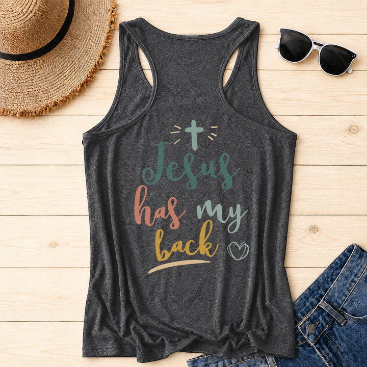 Christianartworkshop Dual Side Print Jesus Has My Back Multi-Tone Cursive Text Sun Accent Cross Heart Graphic Racerback Tank Top - image 23