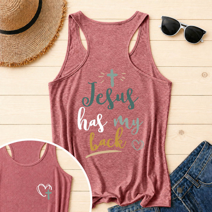 Christianartworkshop Dual Side Print Jesus Has My Back Multi-Tone Cursive Text Sun Accent Cross Heart Graphic Racerback Tank Top - Pink - 2XL - image 45