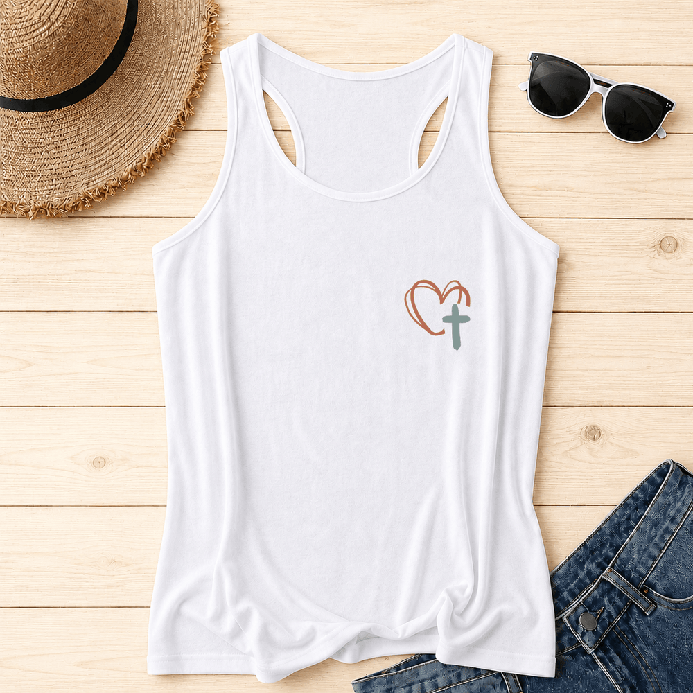 Christianartworkshop Dual Side Print Jesus Has My Back Multi-Tone Cursive Text Sun Accent Cross Heart Graphic Racerback Tank Top - image 1