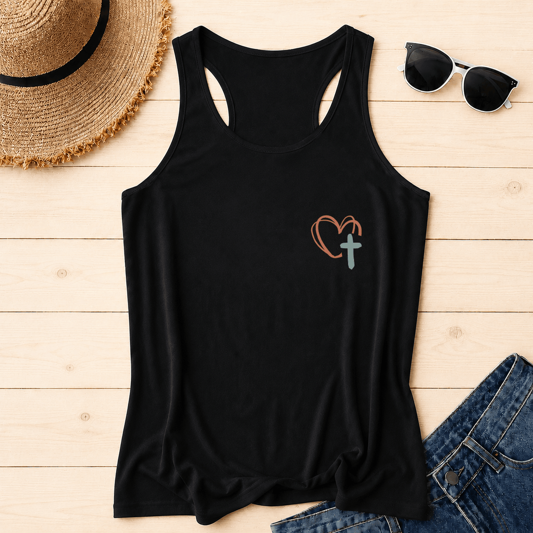 Christianartworkshop Dual Side Print Jesus Has My Back Multi-Tone Cursive Text Sun Accent Cross Heart Graphic Racerback Tank Top - image 6