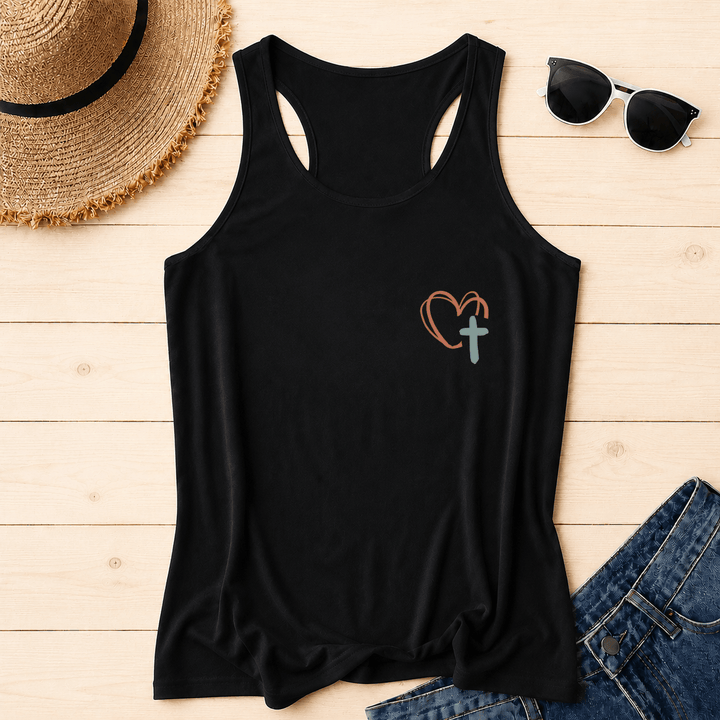 Christianartworkshop Dual Side Print Jesus Has My Back Multi-Tone Cursive Text Sun Accent Cross Heart Graphic Racerback Tank Top - image 6