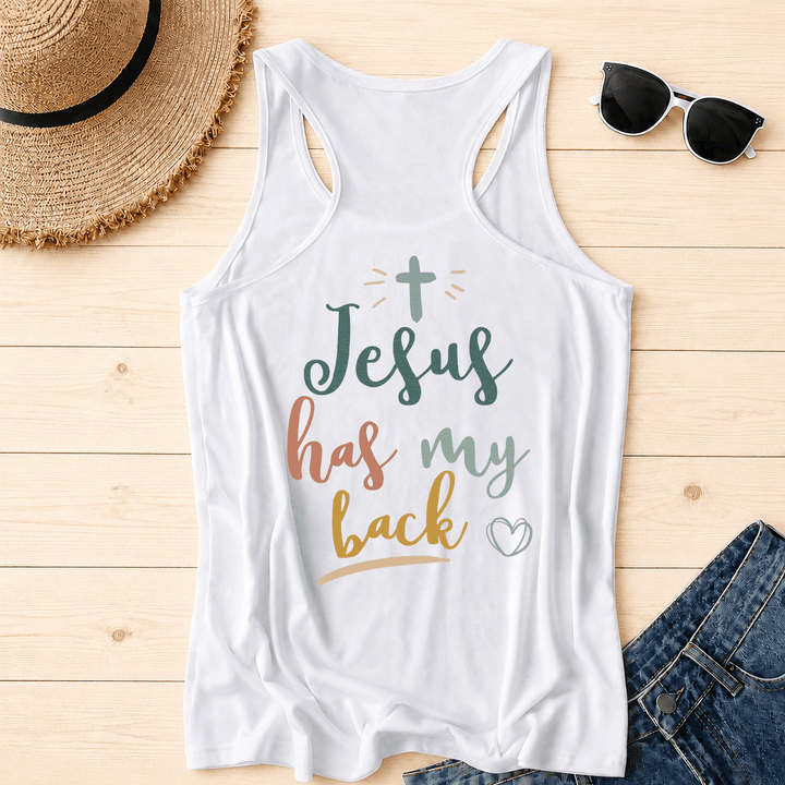 Christianartworkshop Dual Side Print Jesus Has My Back Multi-Tone Cursive Text Sun Accent Cross Heart Graphic Racerback Tank Top - image 3