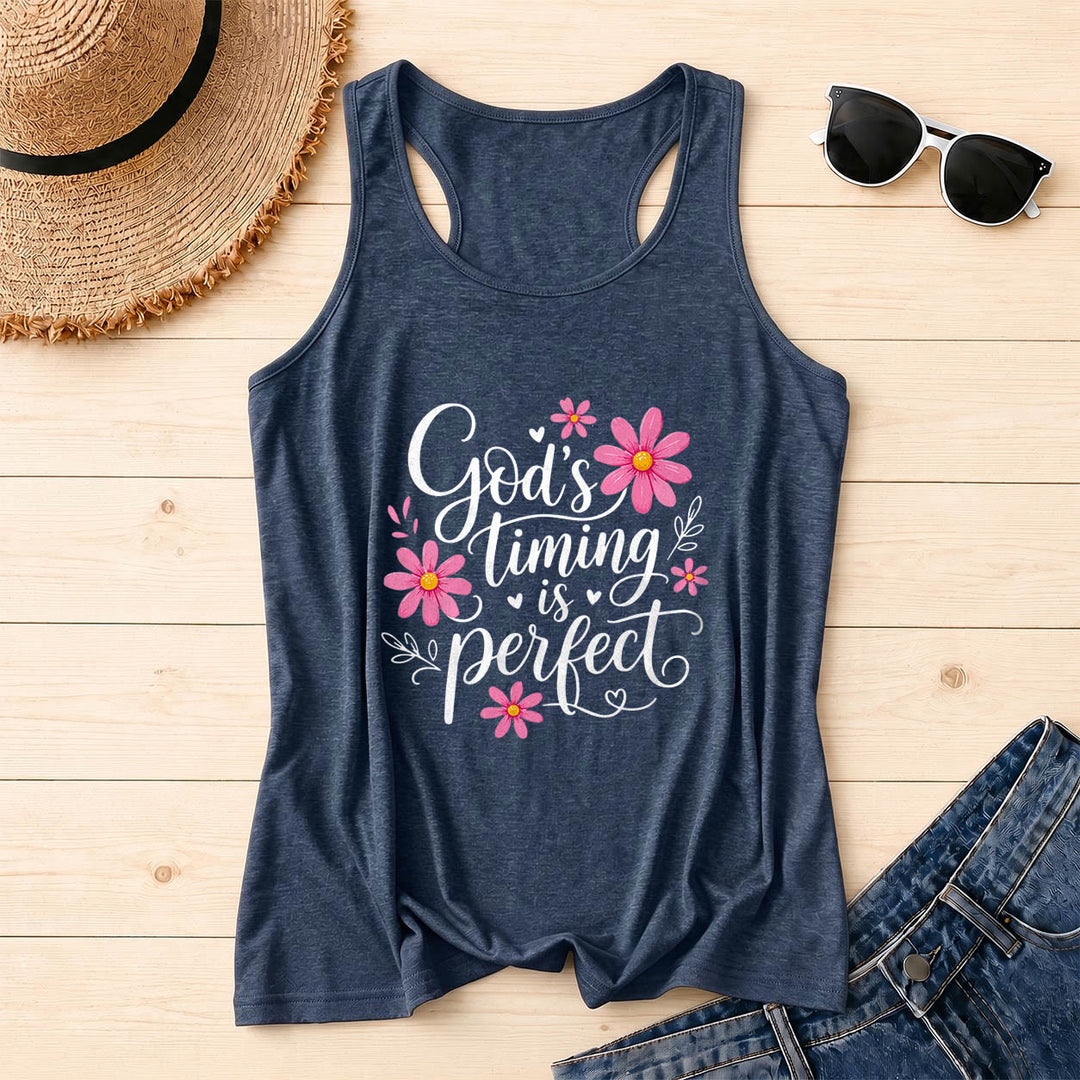Christianartworkshop God's Timing Is Perfect Elegant Flowing Cursive Daisy Floral Heart Leaf Accent Racerback Tank Top - Navy Blue - 2XL - image 6