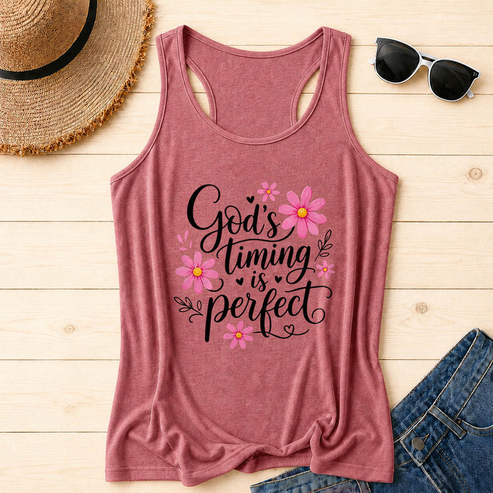 Christianartworkshop God's Timing Is Perfect Elegant Flowing Cursive Daisy Floral Heart Leaf Accent Racerback Tank Top - Pink - 2XL - image 18
