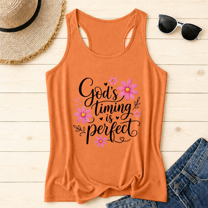 Christianartworkshop God's Timing Is Perfect Elegant Flowing Cursive Daisy Floral Heart Leaf Accent Racerback Tank Top - Orange - 2XL - image 12