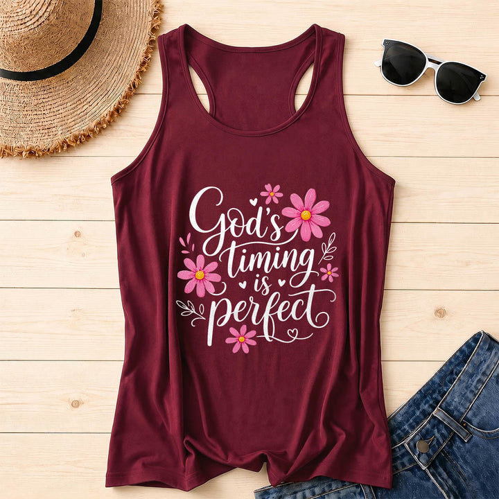 Christianartworkshop God's Timing Is Perfect Elegant Flowing Cursive Daisy Floral Heart Leaf Accent Racerback Tank Top - Wine - 2XL - image 0