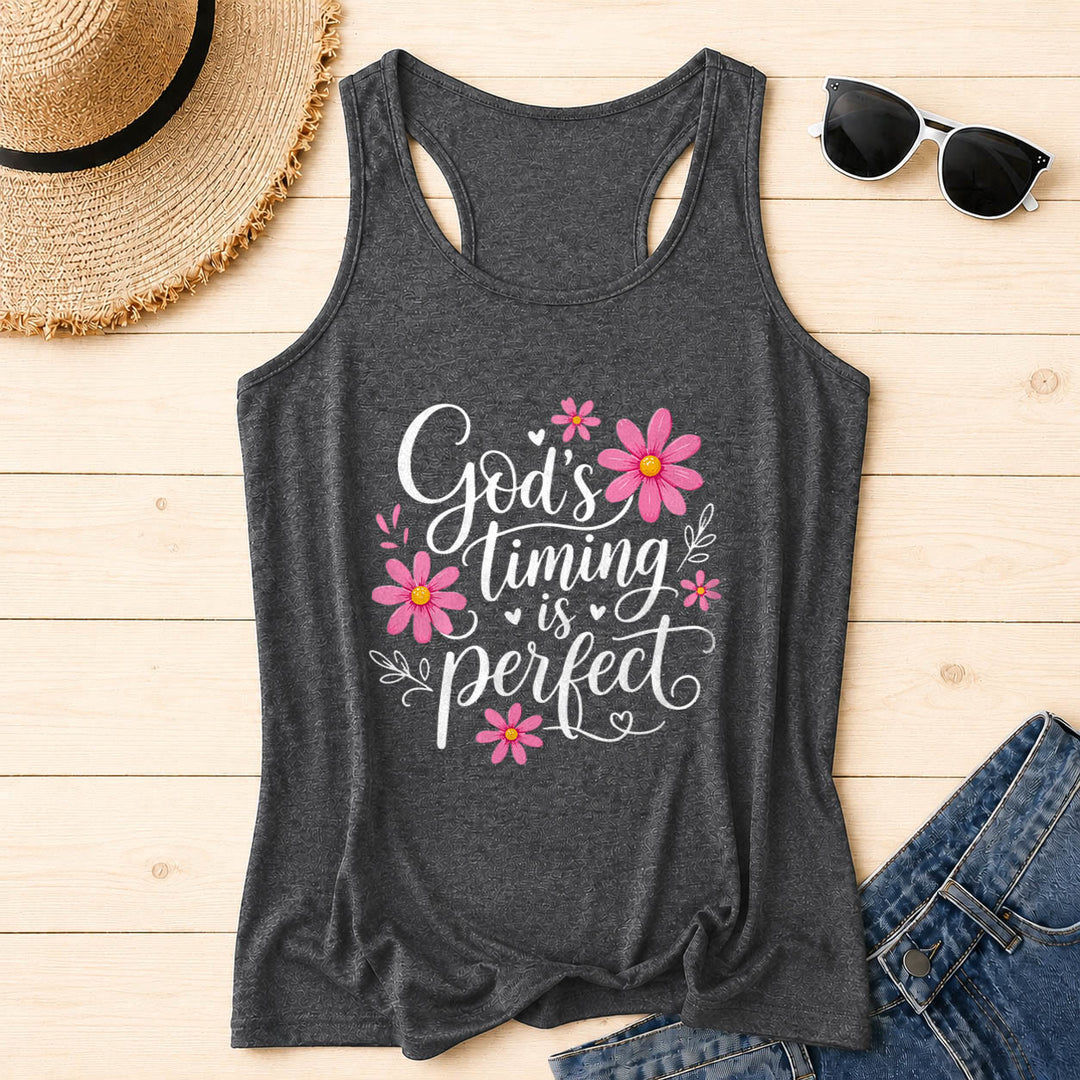 Christianartworkshop God's Timing Is Perfect Elegant Flowing Cursive Daisy Floral Heart Leaf Accent Racerback Tank Top - Grey - 2XL - image 8