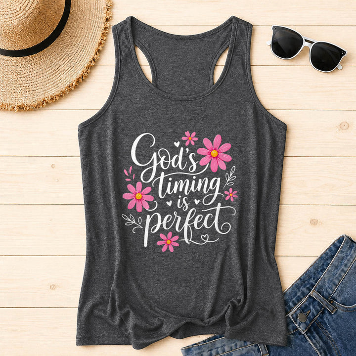 Christianartworkshop God's Timing Is Perfect Elegant Flowing Cursive Daisy Floral Heart Leaf Accent Racerback Tank Top - Grey - 2XL - image 8