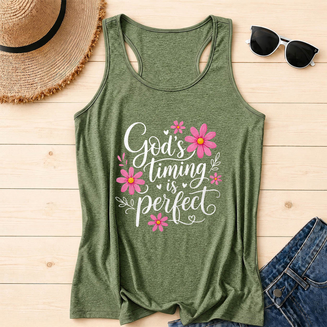 Christianartworkshop God's Timing Is Perfect Elegant Flowing Cursive Daisy Floral Heart Leaf Accent Racerback Tank Top - Olive Green - 2XL - image 16