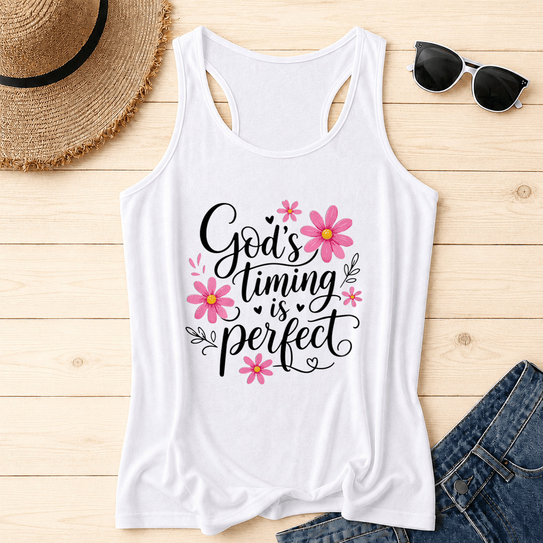 Christianartworkshop God's Timing Is Perfect Elegant Flowing Cursive Daisy Floral Heart Leaf Accent Racerback Tank Top - White - 2XL - image 2