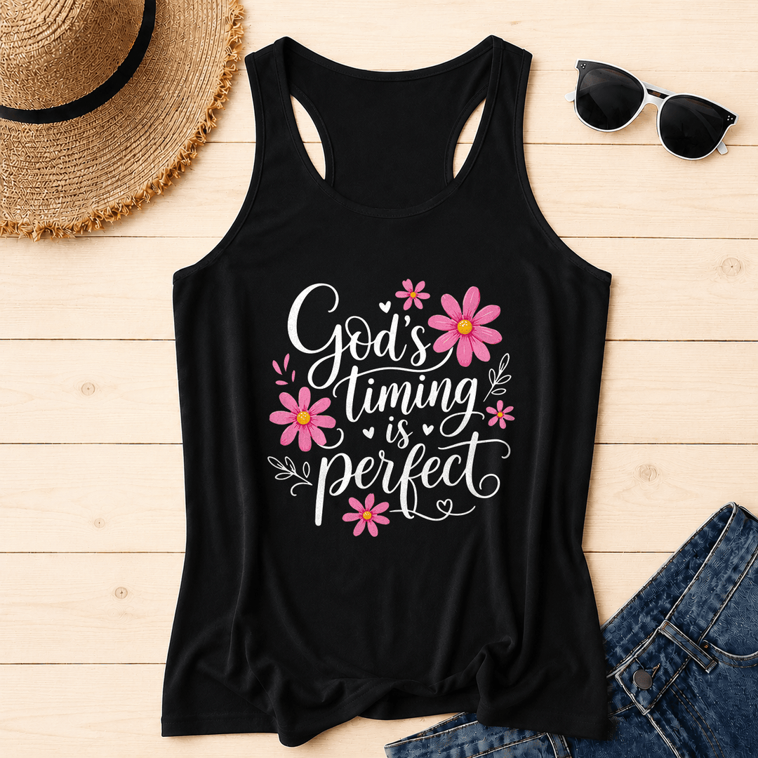 Christianartworkshop God's Timing Is Perfect Elegant Flowing Cursive Daisy Floral Heart Leaf Accent Racerback Tank Top - Black - 2XL - image 4