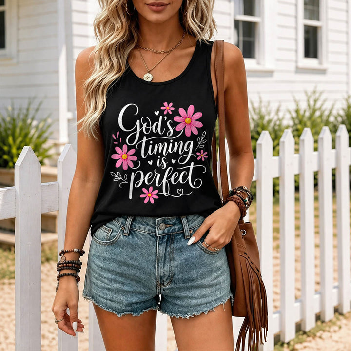 Christianartworkshop God's Timing Is Perfect Elegant Flowing Cursive Daisy Floral Heart Leaf Accent Racerback Tank Top - image 5