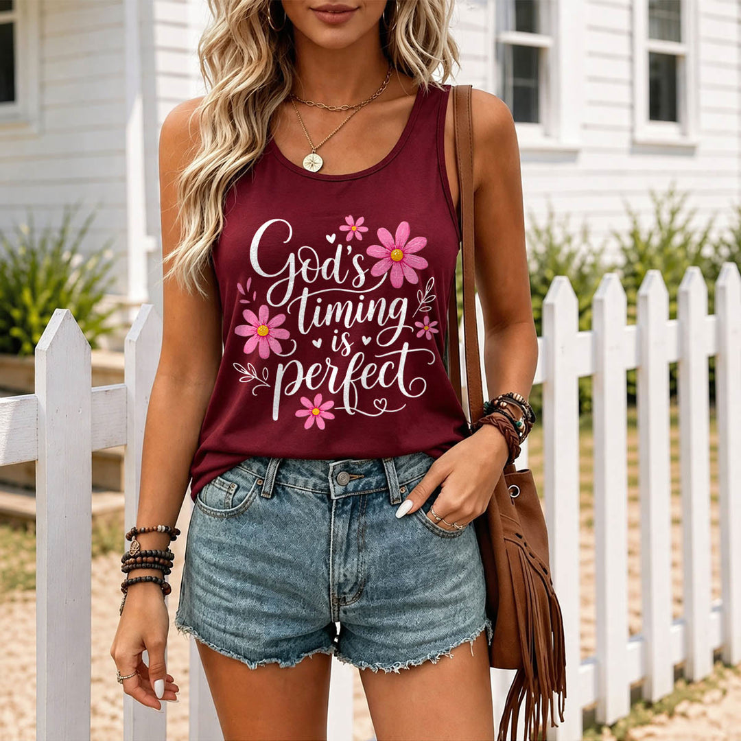 Christianartworkshop God's Timing Is Perfect Elegant Flowing Cursive Daisy Floral Heart Leaf Accent Racerback Tank Top - image 1