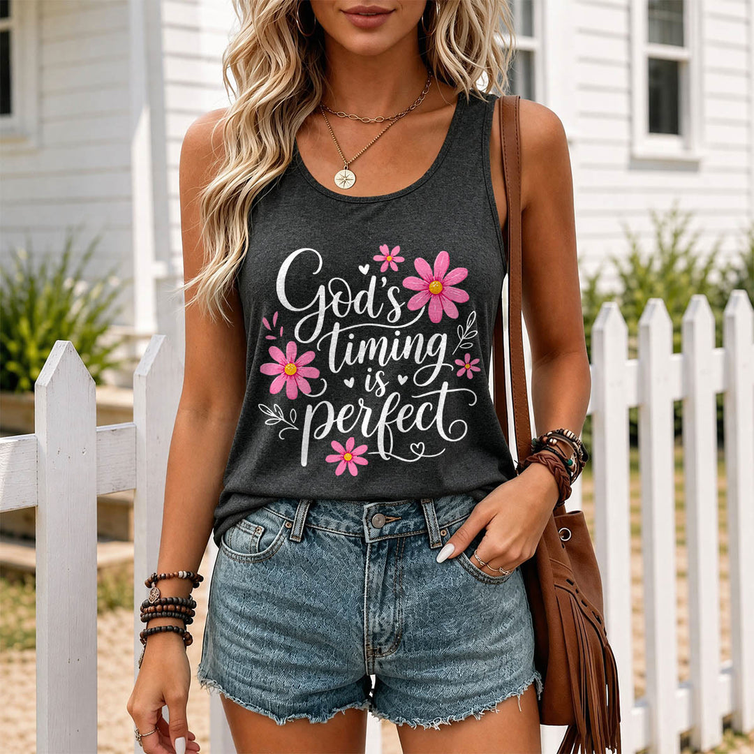Christianartworkshop God's Timing Is Perfect Elegant Flowing Cursive Daisy Floral Heart Leaf Accent Racerback Tank Top - image 9