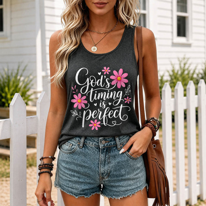 Christianartworkshop God's Timing Is Perfect Elegant Flowing Cursive Daisy Floral Heart Leaf Accent Racerback Tank Top - image 9