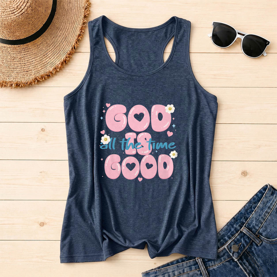 Christianartworkshop God Is Good All The Time Bubble Heart Lettering Smiley Daisy Star Heart Accent Front Print Racerback Tank Top - Navy Blue - 2XL - image 8