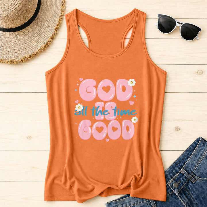 Christianartworkshop God Is Good All The Time Bubble Heart Lettering Smiley Daisy Star Heart Accent Front Print Racerback Tank Top - Orange - 2XL - image 0