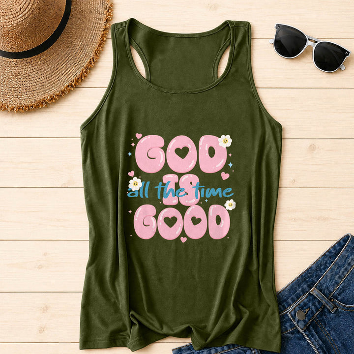 Christianartworkshop God Is Good All The Time Bubble Heart Lettering Smiley Daisy Star Heart Accent Front Print Racerback Tank Top - Army Green - 2XL - image 14