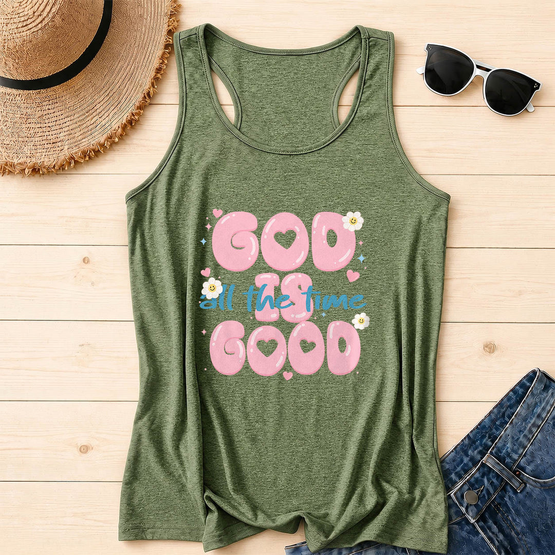 Christianartworkshop God Is Good All The Time Bubble Heart Lettering Smiley Daisy Star Heart Accent Front Print Racerback Tank Top - Olive Green - 2XL - image 16