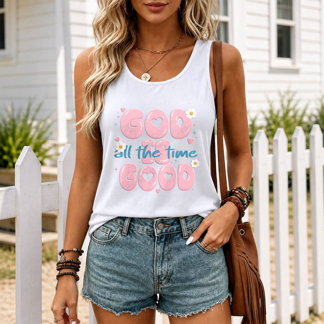Christianartworkshop God Is Good All The Time Bubble Heart Lettering Smiley Daisy Star Heart Accent Front Print Racerback Tank Top - image 5