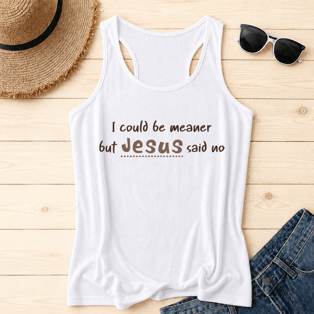 Christianartworkshop I Could Be Meaner But Jesus Said No Contrast Front Print Racerback Tank Top - White - 2XL - image 6