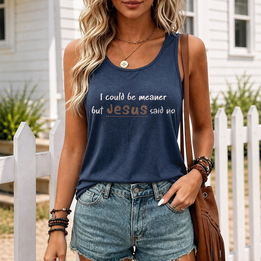 Christianartworkshop I Could Be Meaner But Jesus Said No Contrast Front Print Racerback Tank Top - image 11