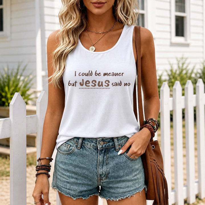 Christianartworkshop I Could Be Meaner But Jesus Said No Contrast Front Print Racerback Tank Top - image 7