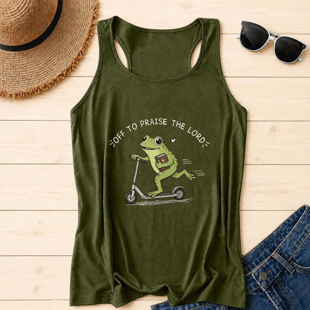 Christianartworkshop Off To Praise The Lord Arch Curved Text Cute Frog Riding Scooter Holding Bible Heart Cartoon Racerback Tank Top - Army Green - 2XL - image 4