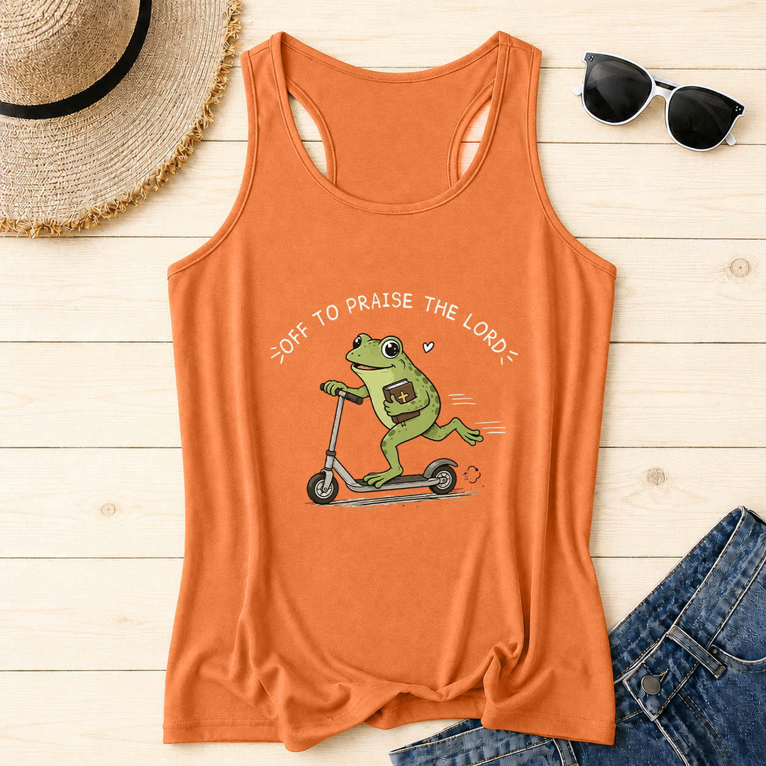Christianartworkshop Off To Praise The Lord Arch Curved Text Cute Frog Riding Scooter Holding Bible Heart Cartoon Racerback Tank Top - Orange - 2XL - image 6