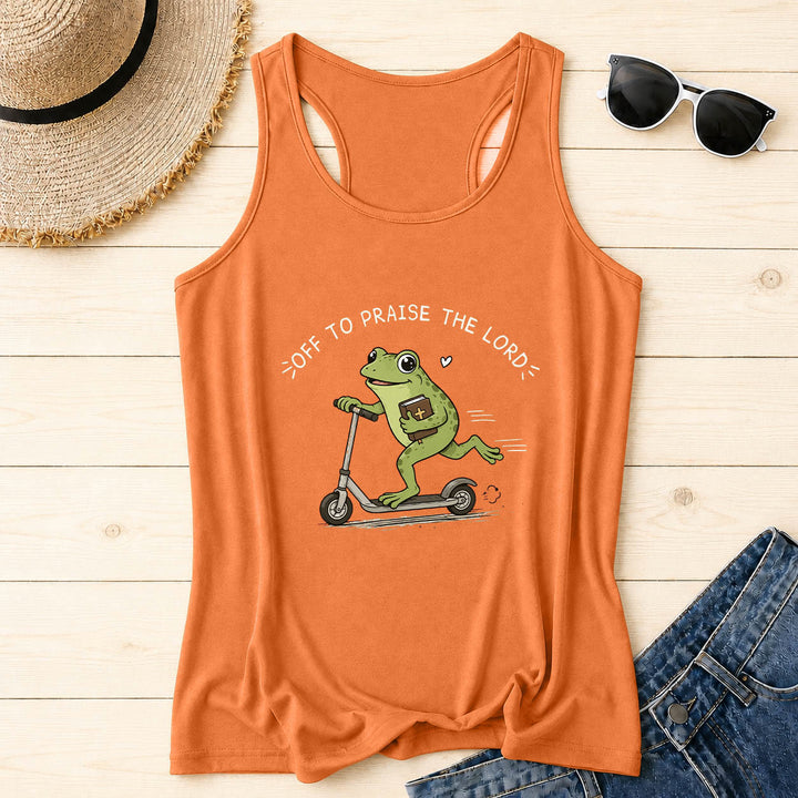 Christianartworkshop Off To Praise The Lord Arch Curved Text Cute Frog Riding Scooter Holding Bible Heart Cartoon Racerback Tank Top - Orange - 2XL - image 6