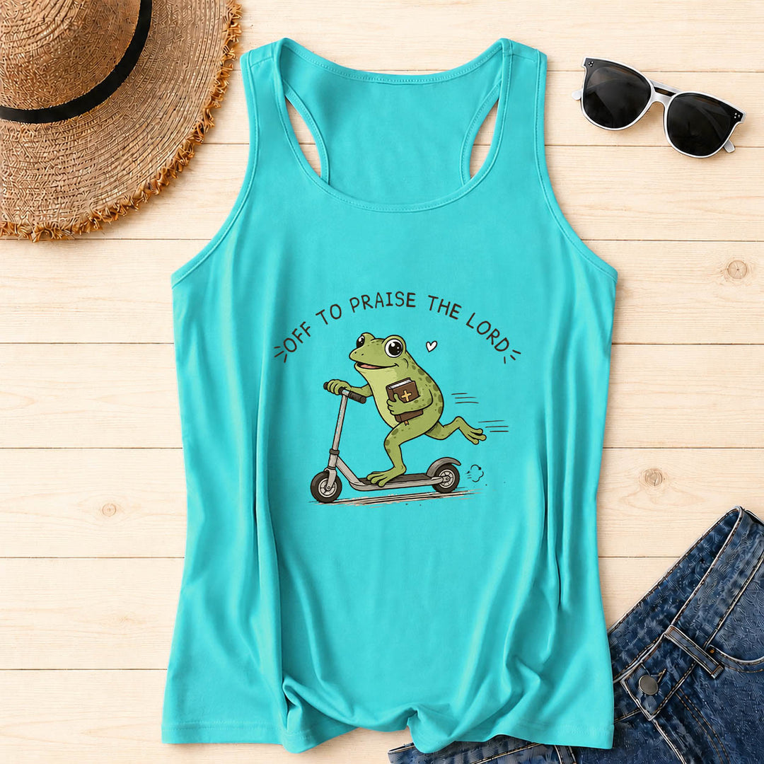 Christianartworkshop Off To Praise The Lord Arch Curved Text Cute Frog Riding Scooter Holding Bible Heart Cartoon Racerback Tank Top - Mint - 2XL - image 18