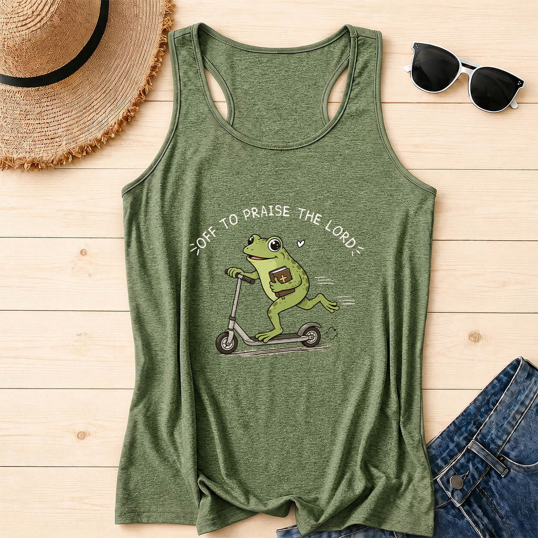 Christianartworkshop Off To Praise The Lord Arch Curved Text Cute Frog Riding Scooter Holding Bible Heart Cartoon Racerback Tank Top - Olive Green - 2XL - image 2