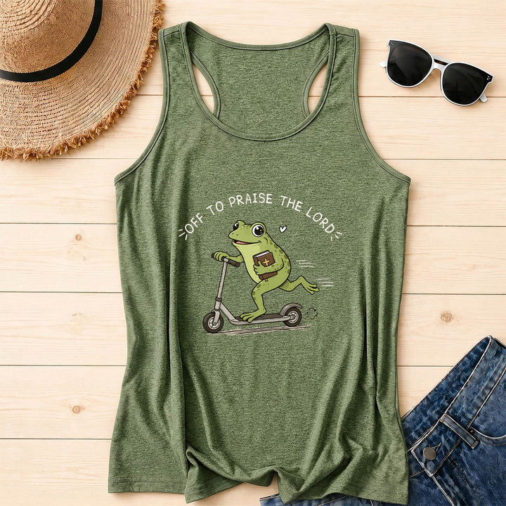 Christianartworkshop Off To Praise The Lord Arch Curved Text Cute Frog Riding Scooter Holding Bible Heart Cartoon Racerback Tank Top - Olive Green - 2XL - image 2