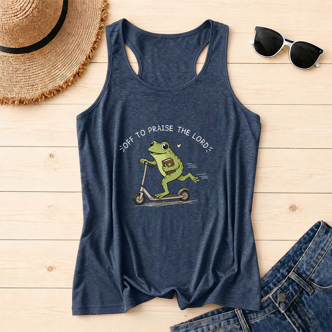 Christianartworkshop Off To Praise The Lord Arch Curved Text Cute Frog Riding Scooter Holding Bible Heart Cartoon Racerback Tank Top - Navy Blue - 2XL - image 14