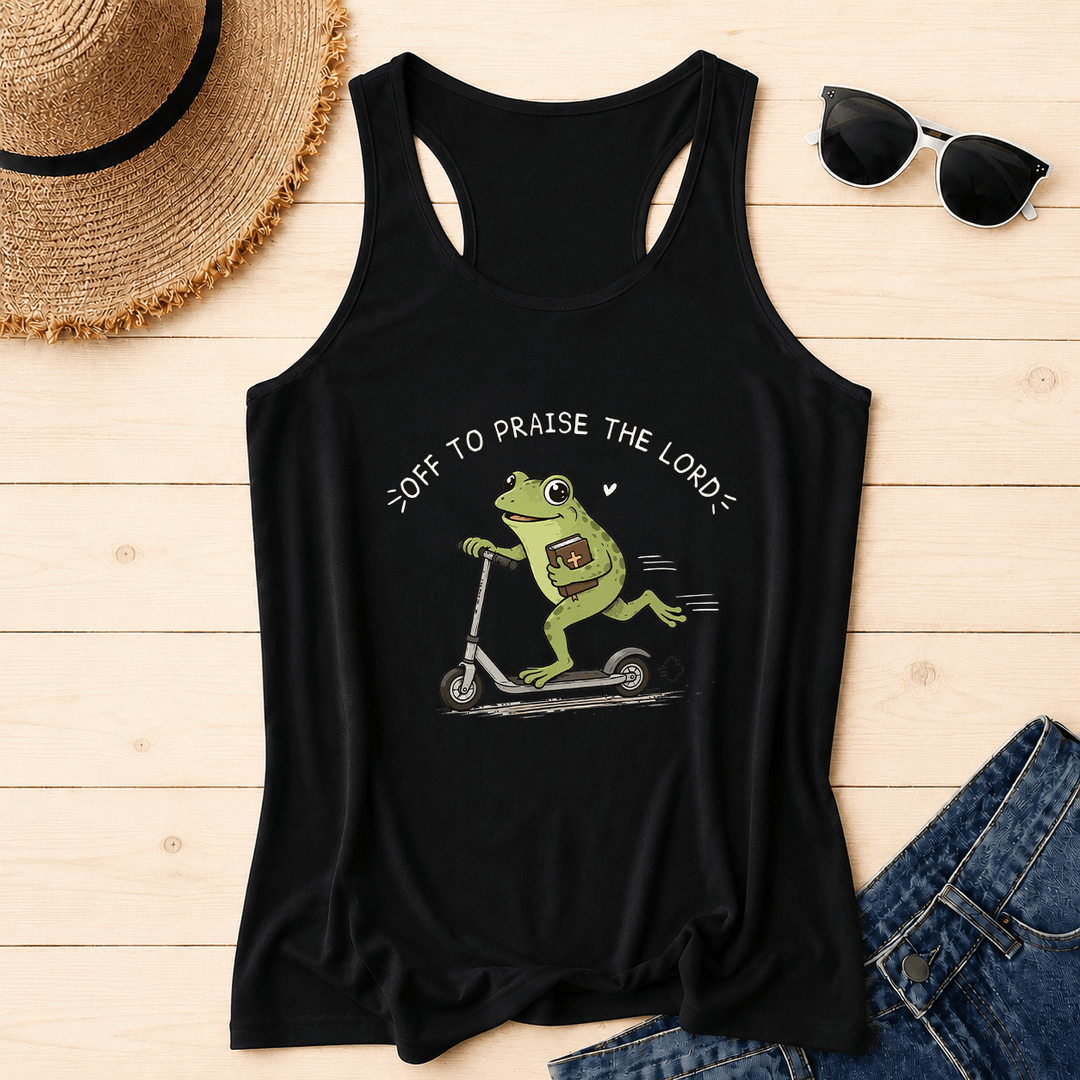 Christianartworkshop Off To Praise The Lord Arch Curved Text Cute Frog Riding Scooter Holding Bible Heart Cartoon Racerback Tank Top - Black - 2XL - image 12