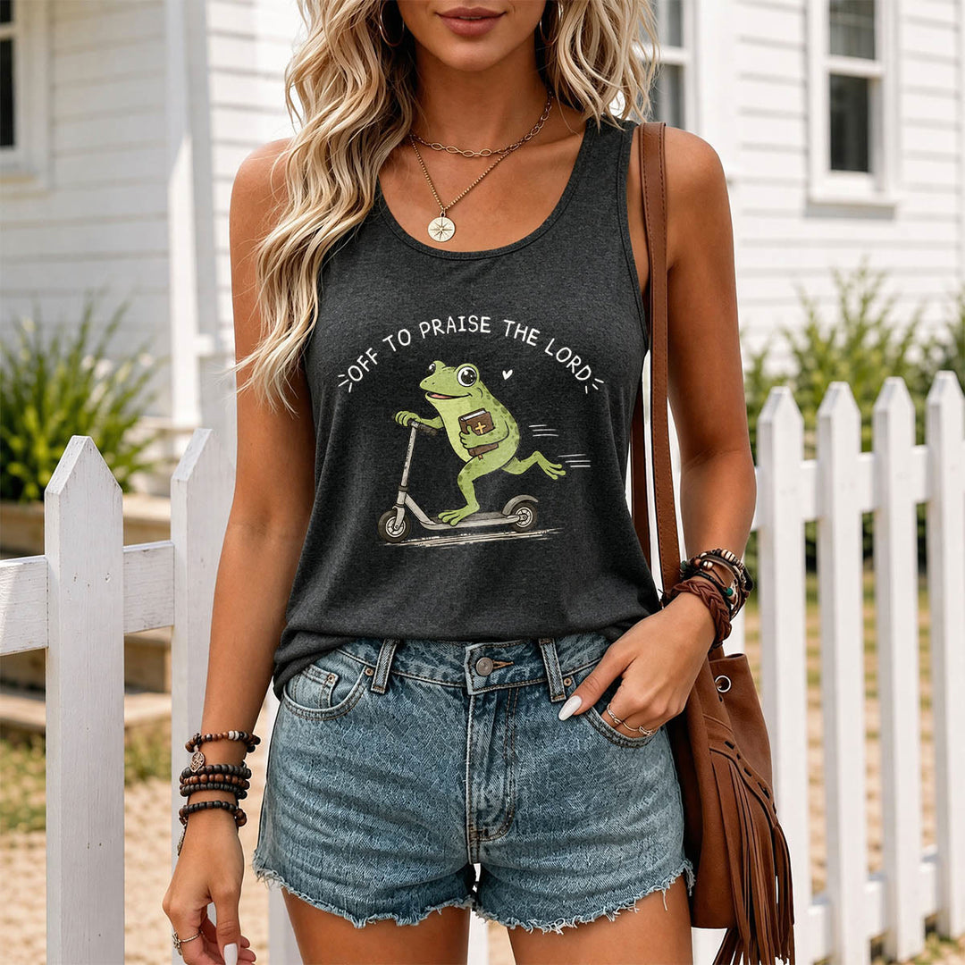Christianartworkshop Off To Praise The Lord Arch Curved Text Cute Frog Riding Scooter Holding Bible Heart Cartoon Racerback Tank Top - image 17