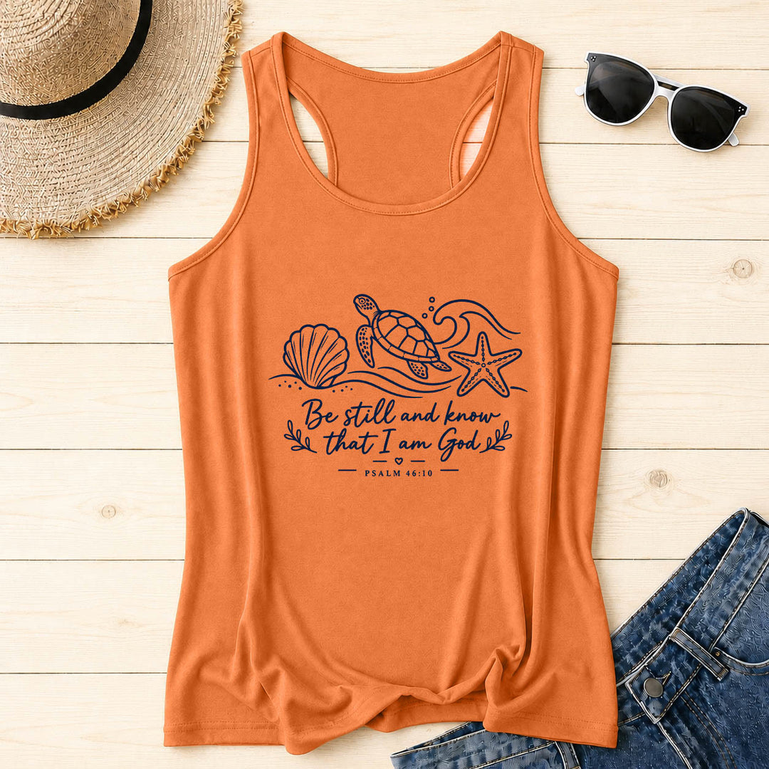 Christianartworkshop Be Still And Know That I Am God Psalm 46:10 Ocean Turtle Seashell Starfish Wave Racerback Tank Top - Orange - 2XL - image 8