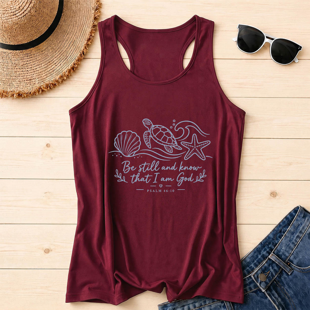 Christianartworkshop Be Still And Know That I Am God Psalm 46:10 Ocean Turtle Seashell Starfish Wave Racerback Tank Top - Wine - 2XL - image 10
