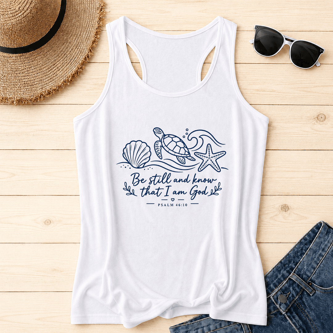 Christianartworkshop Be Still And Know That I Am God Psalm 46:10 Ocean Turtle Seashell Starfish Wave Racerback Tank Top - White - 2XL - image 12