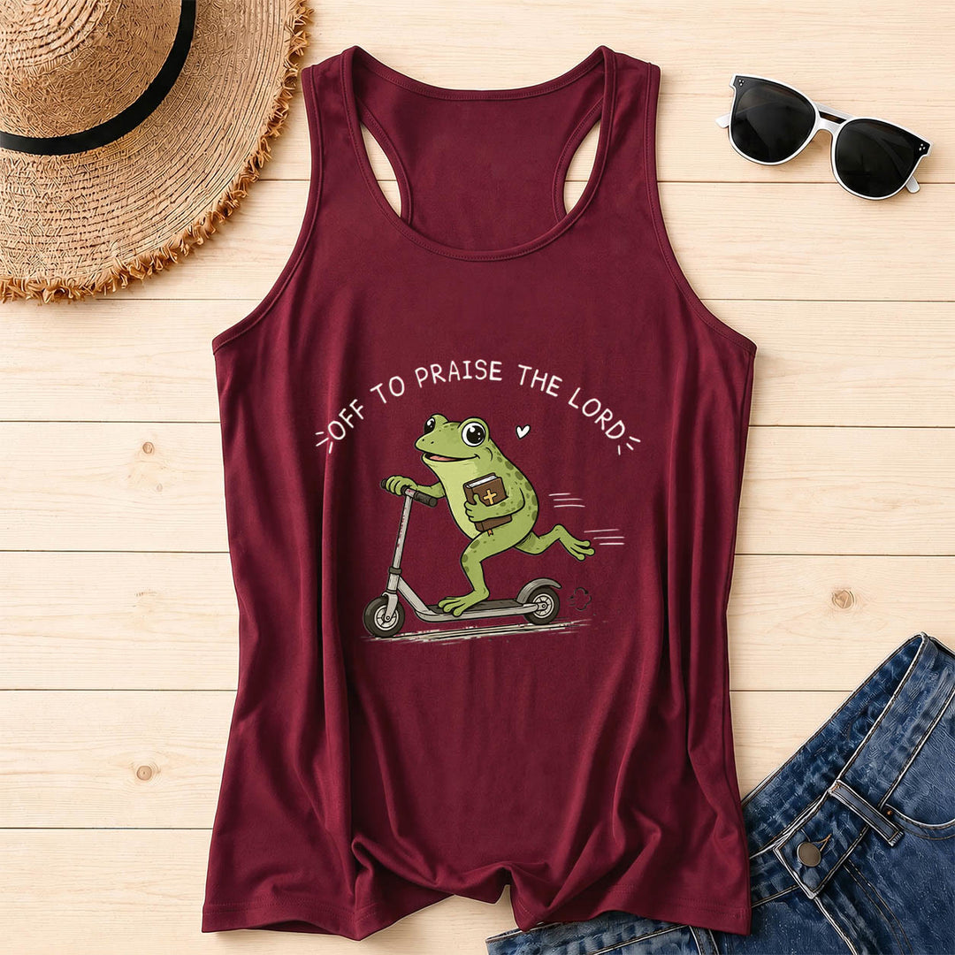 Christianartworkshop Off To Praise The Lord Arch Curved Text Cute Frog Riding Scooter Holding Bible Heart Cartoon Racerback Tank Top - Wine - 2XL - image 8