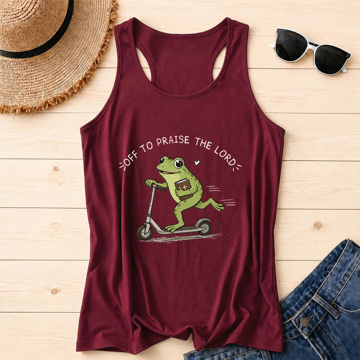 Christianartworkshop Off To Praise The Lord Arch Curved Text Cute Frog Riding Scooter Holding Bible Heart Cartoon Racerback Tank Top - Wine - 2XL - image 8