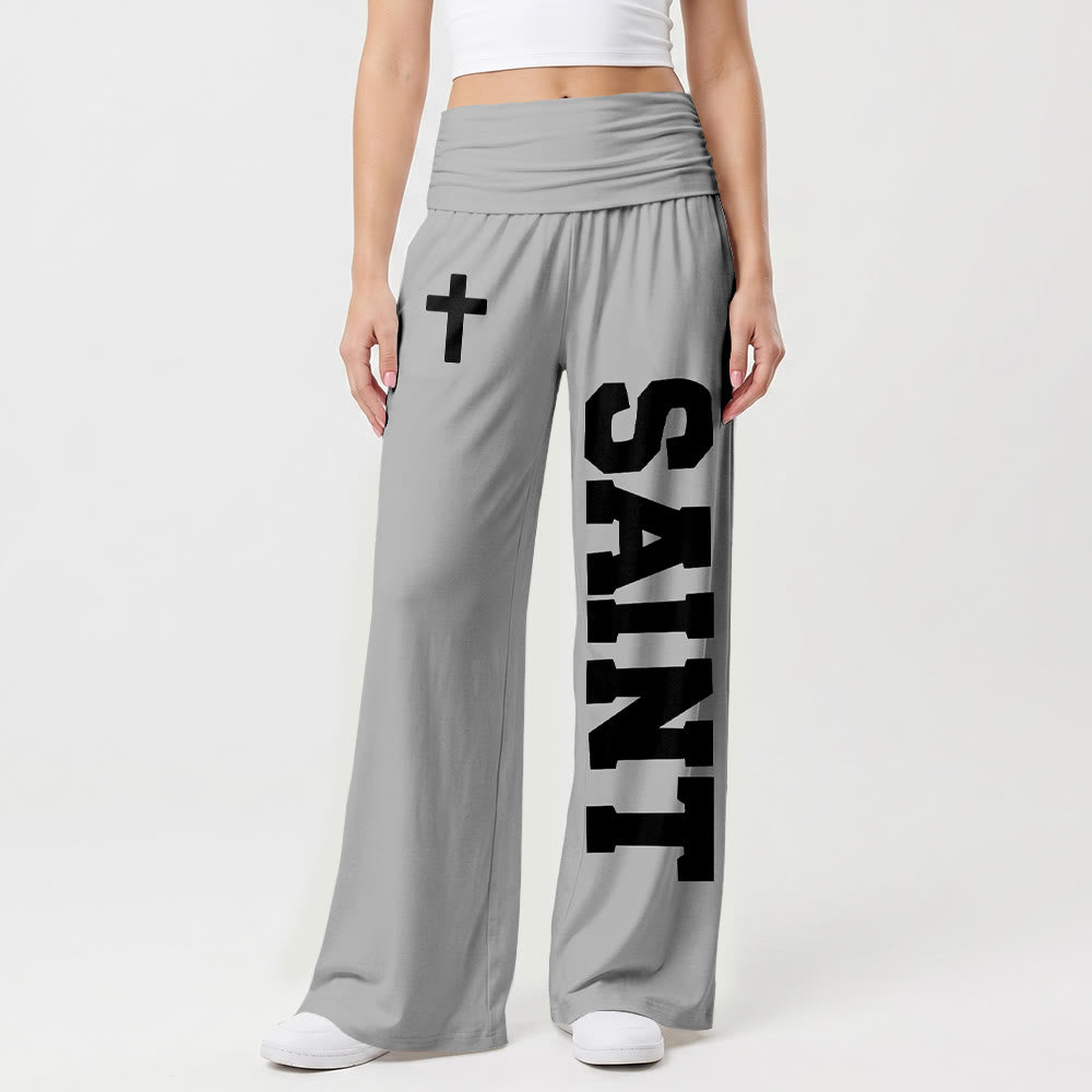 Christianartworkshop All Over Print Vertical Varsity SAINT Letter White Cross Fold Over High Waist Wide Leg Pants - image 10