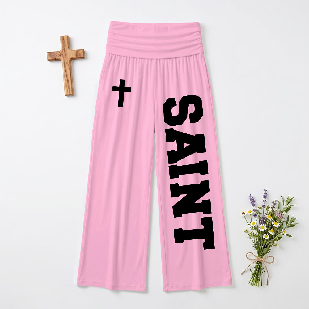 Christianartworkshop All Over Print Vertical Varsity SAINT Letter White Cross Fold Over High Waist Wide Leg Pants - Pink - US22,UK/AU26,EU54(6XL) - image 12