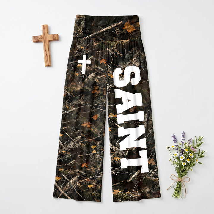 Christianartworkshop All Over Print Vertical Varsity SAINT Letter White Cross Fold Over High Waist Wide Leg Pants - Camouflage - US22,UK/AU26,EU54(6XL) - image 0