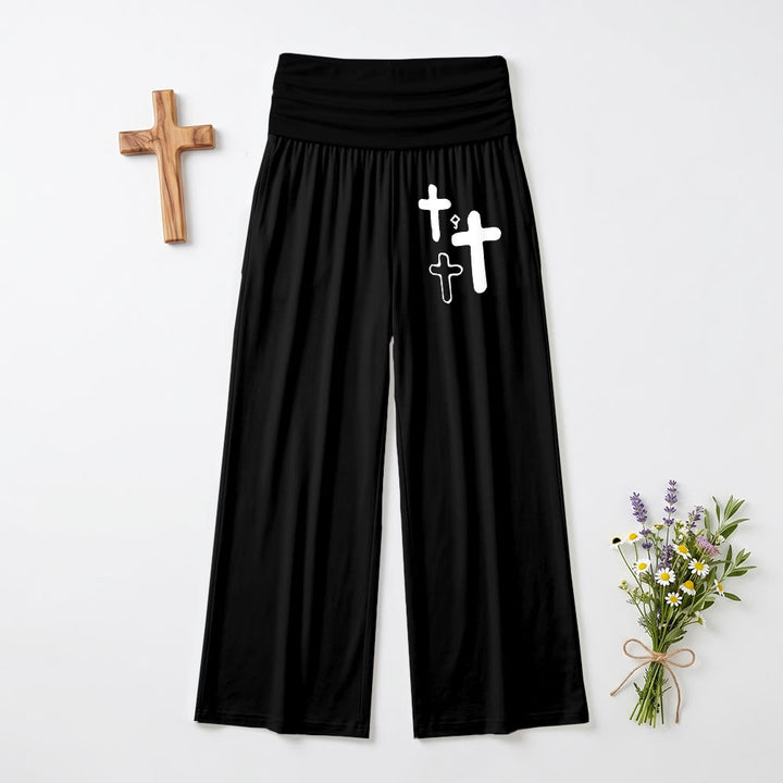 Christianartworkshop Minimal Multi Cross Graphic Front Hip Print Fold Over High Waist Wide Leg Pants - Black - US22,UK/AU26,EU54(6XL) - image 3