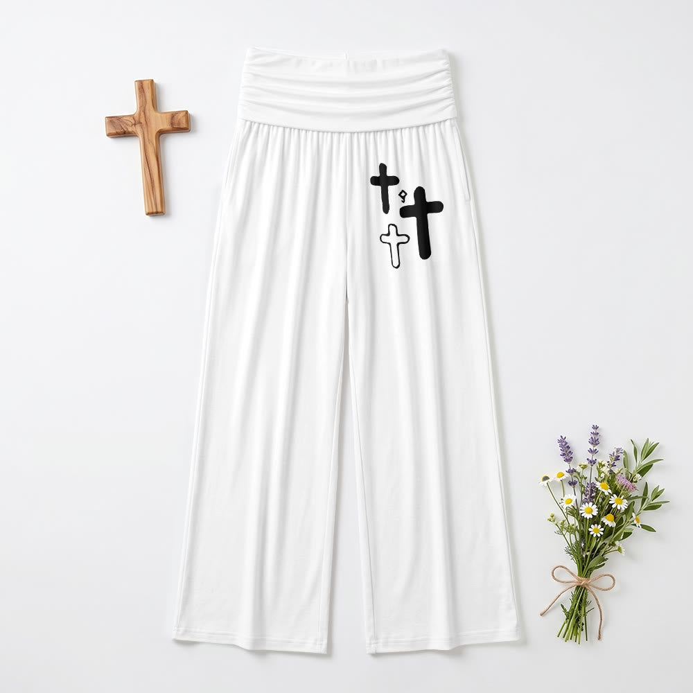 Christianartworkshop Minimal Multi Cross Graphic Front Hip Print Fold Over High Waist Wide Leg Pants - White - US22,UK/AU26,EU54(6XL) - image 0