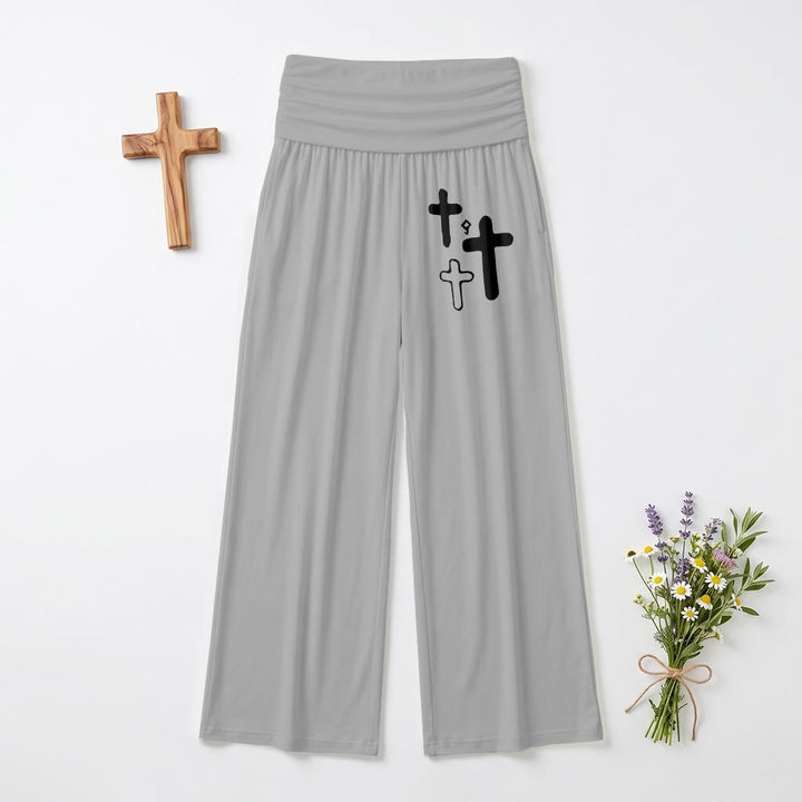Christianartworkshop Minimal Multi Cross Graphic Front Hip Print Fold Over High Waist Wide Leg Pants - Grey - US22,UK/AU26,EU54(6XL) - image 6