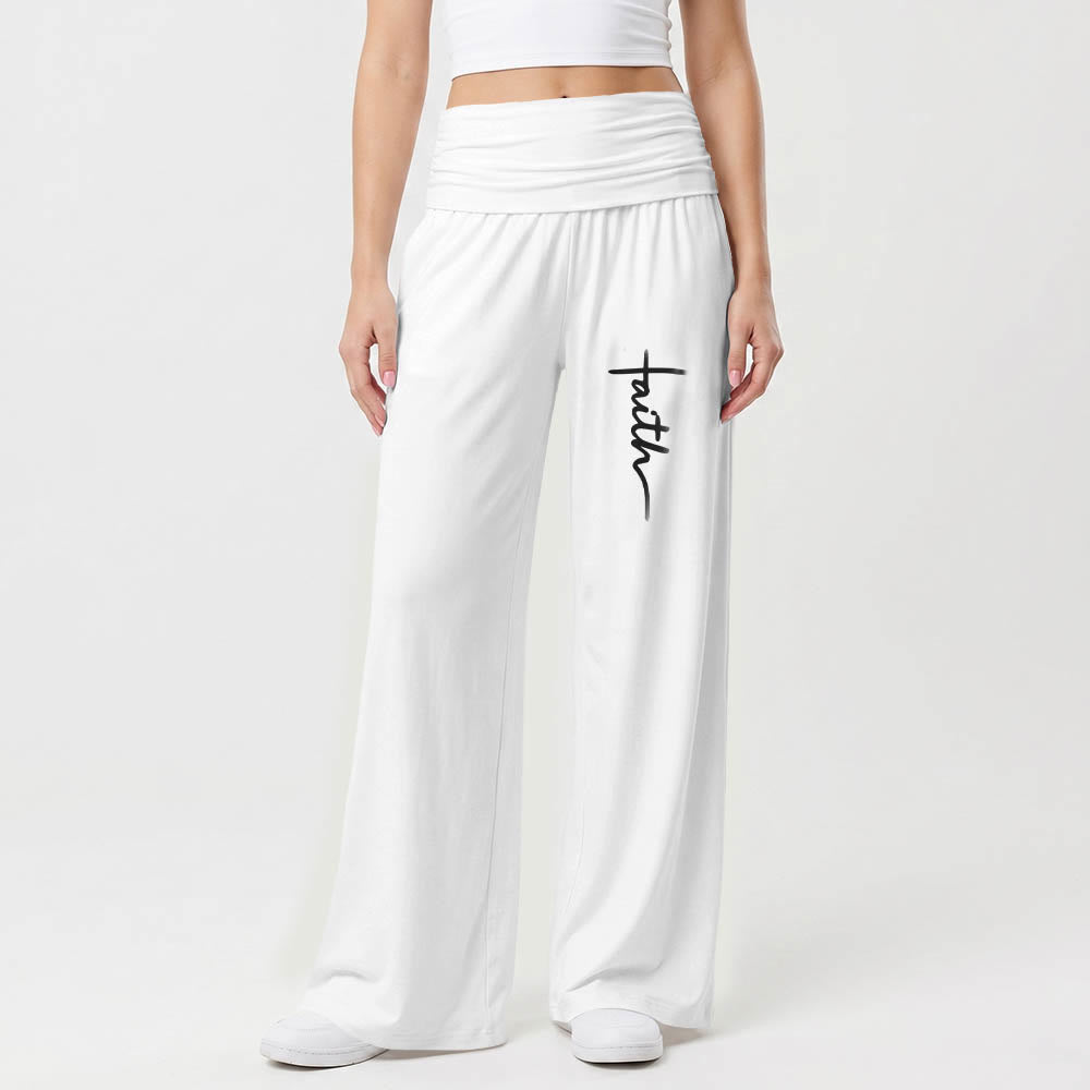 Christianartworkshop Vertical Cursive Faith Handwriting Print Fold Over High Waist Wide Leg Pants - image 4