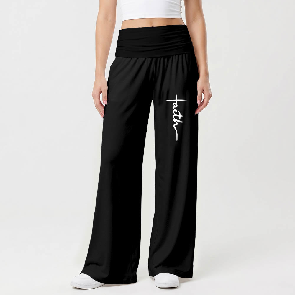 Christianartworkshop Vertical Cursive Faith Handwriting Print Fold Over High Waist Wide Leg Pants - image 1