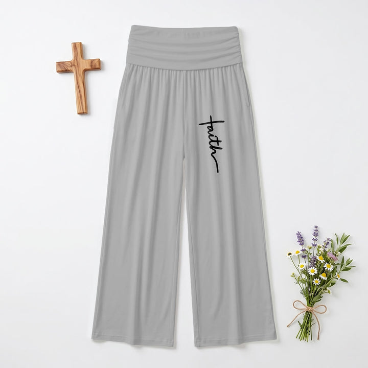 Christianartworkshop Vertical Cursive Faith Handwriting Print Fold Over High Waist Wide Leg Pants - Grey - US22,UK/AU26,EU54(6XL) - image 6